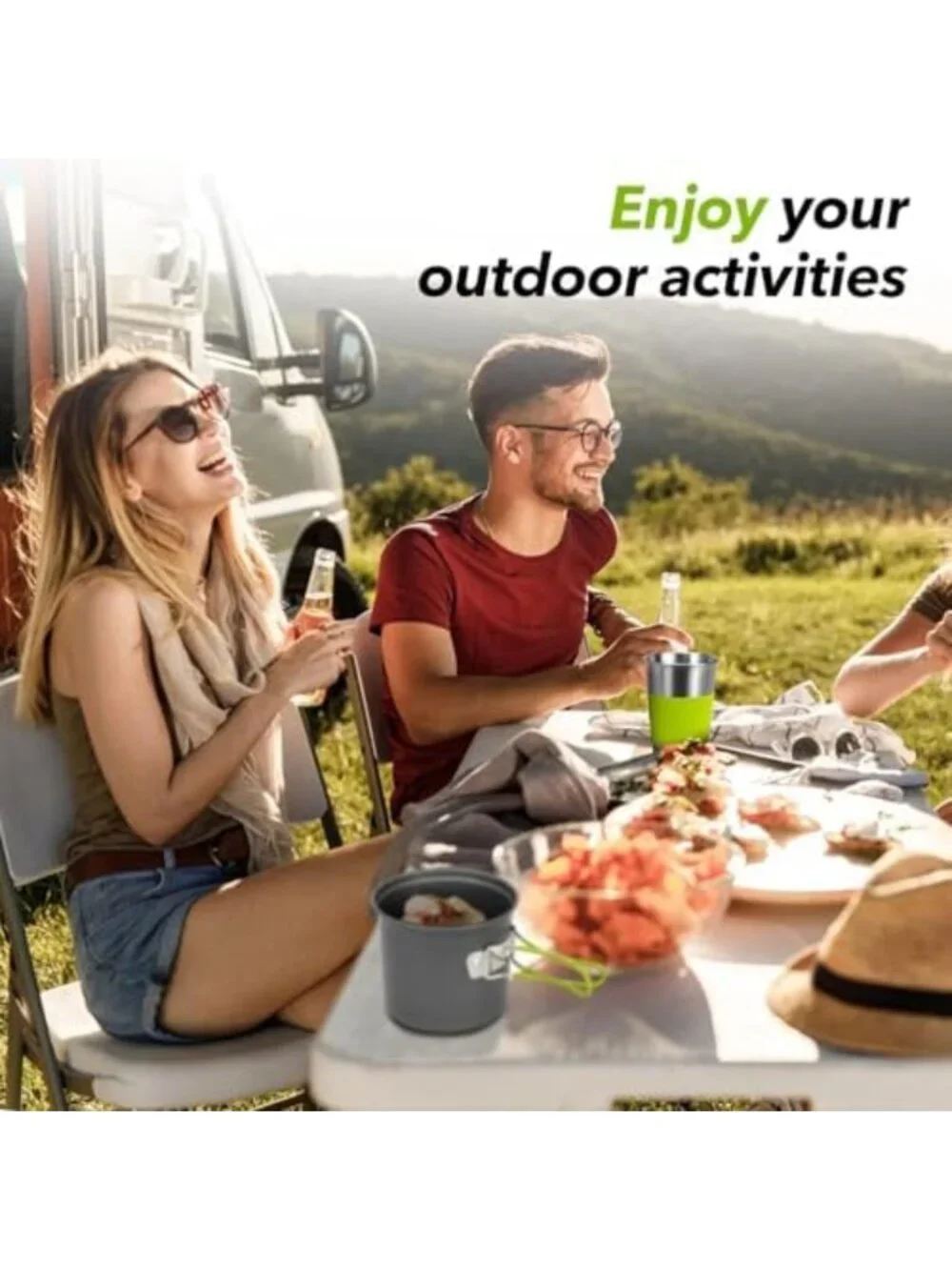 Camping Cookware Set with Tripod, Stainless Steel Cup, Fork & Spoon for Hiking